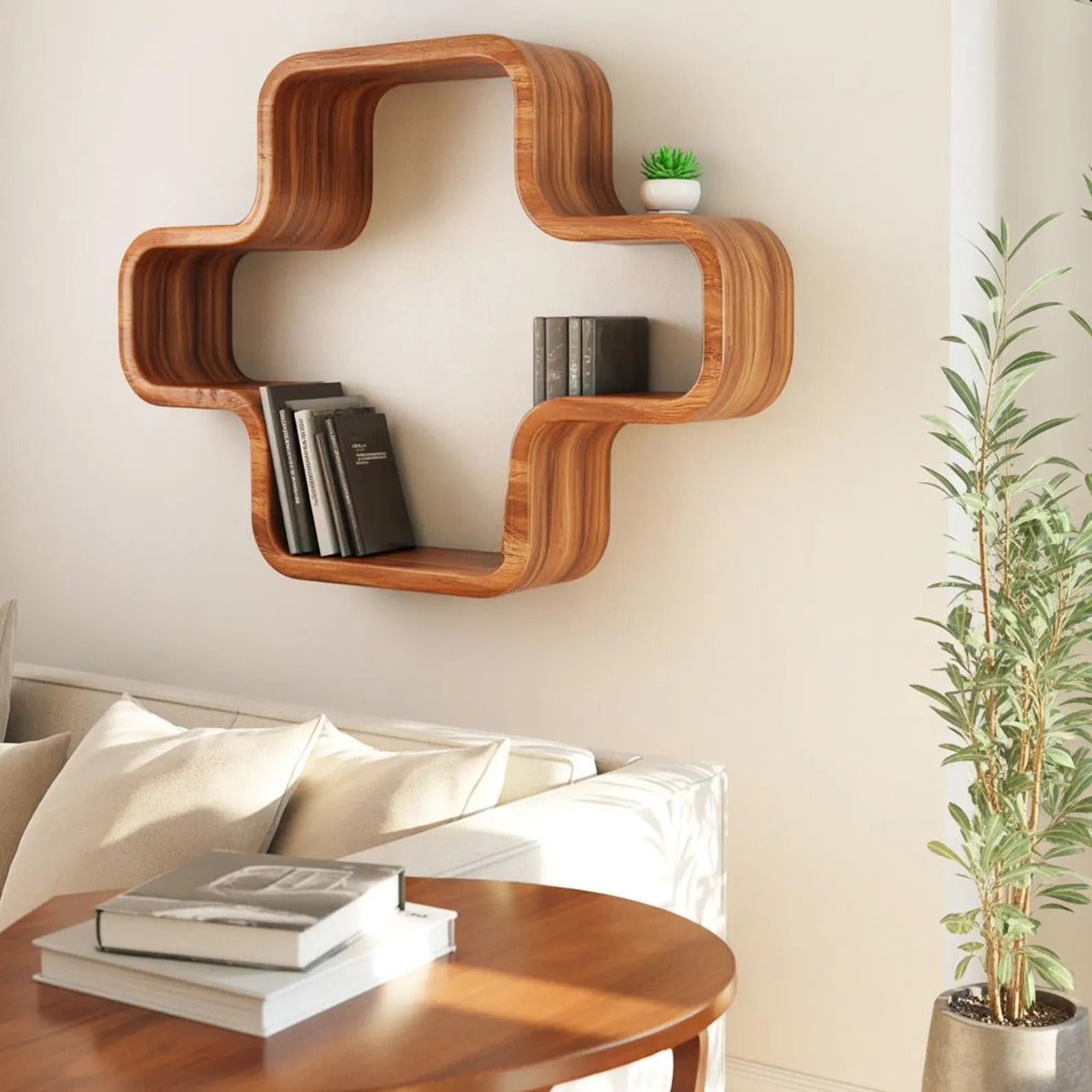 thumbnail_1c444f7f-d134-42f3-85c3-fe9b3aad671c.jpg Modern Geometric Wood Wall Mounted Bookshelf Shelf 18in - Image 1